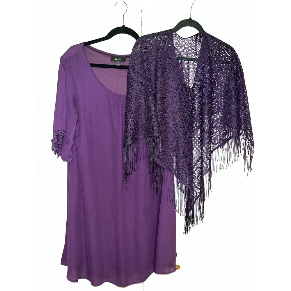 Naif Anthropologie Purple Shift Dress Women XL Boho Short Sleeve Crochet w Shawl